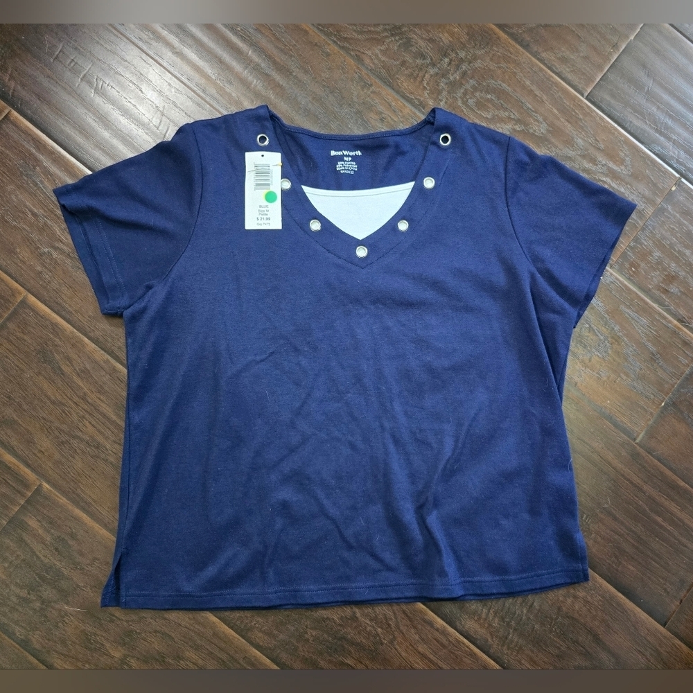 Bon Worth Womens Blue V Neck Casual Blouse Petite Medium